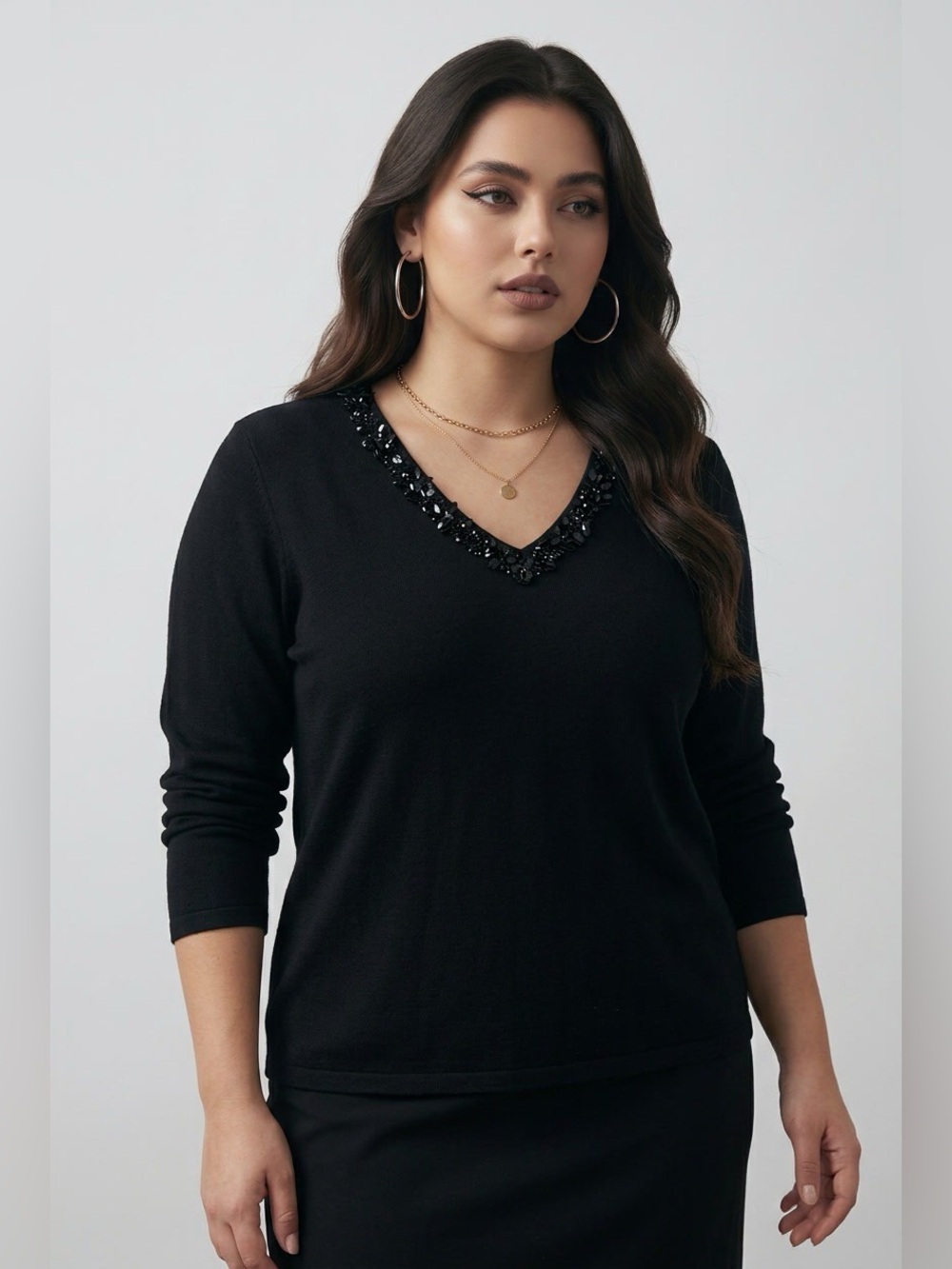 August Silk Blend V-Neck Long Sleeve Black Knit Sweater Size L